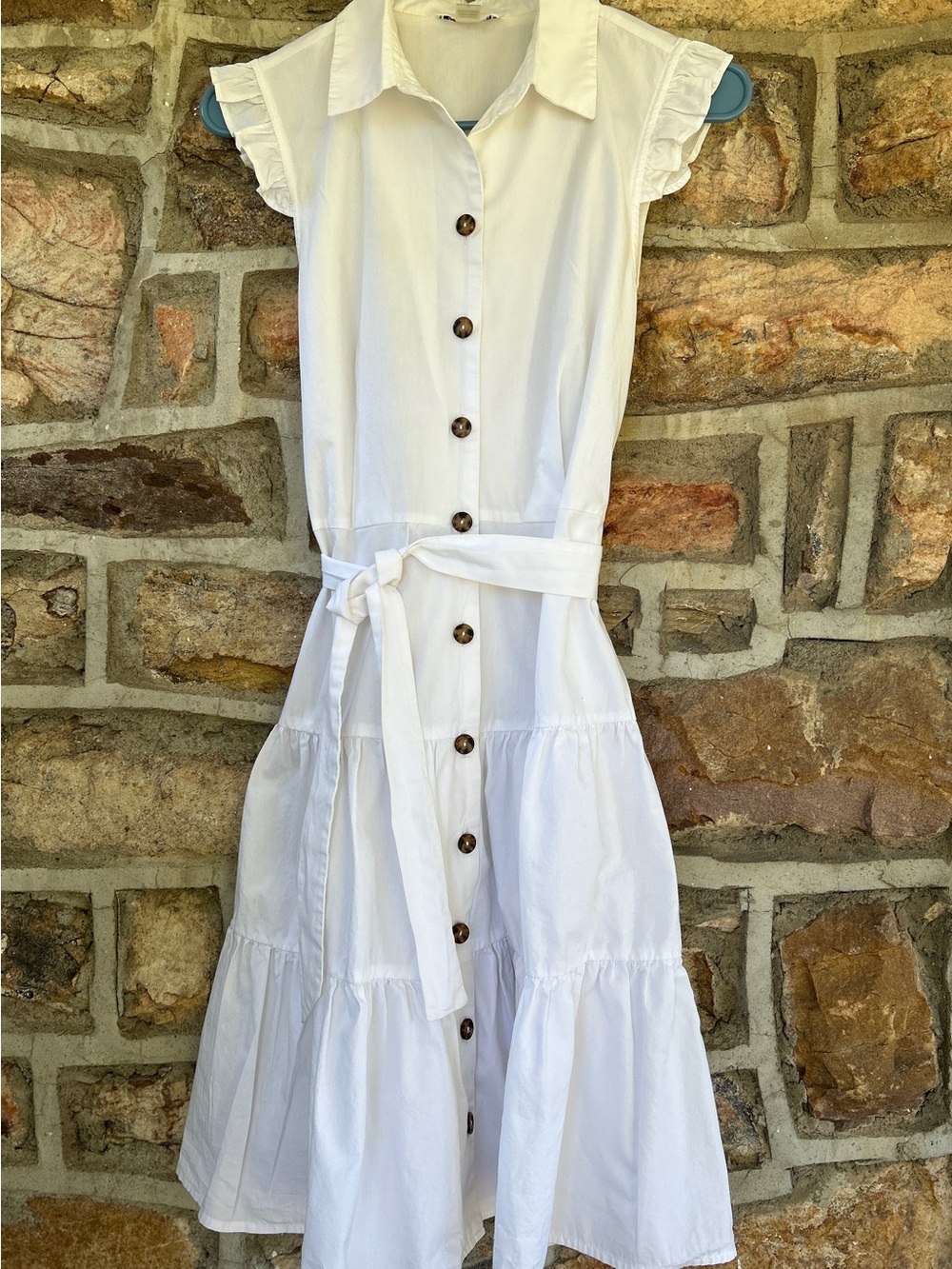 White Calvin Klein Button-Front Tiered Cotton Dress with Belt size 2